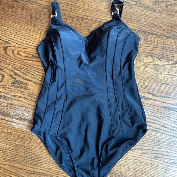 Black One piece bathing suit /waist forming gold ring detail on strap size 16-XL - Picture 2 of 7